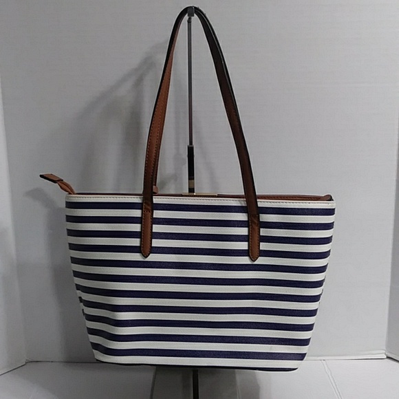 ALDO Navy Blue & White Striped Tote Bag With Brown Handles *EUC* - Picture 2 of 9